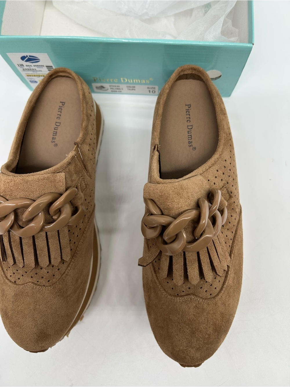 Pierre Dumas Paloma 3 Brown Suede Slip-On Loafers with Chain Accent size 10